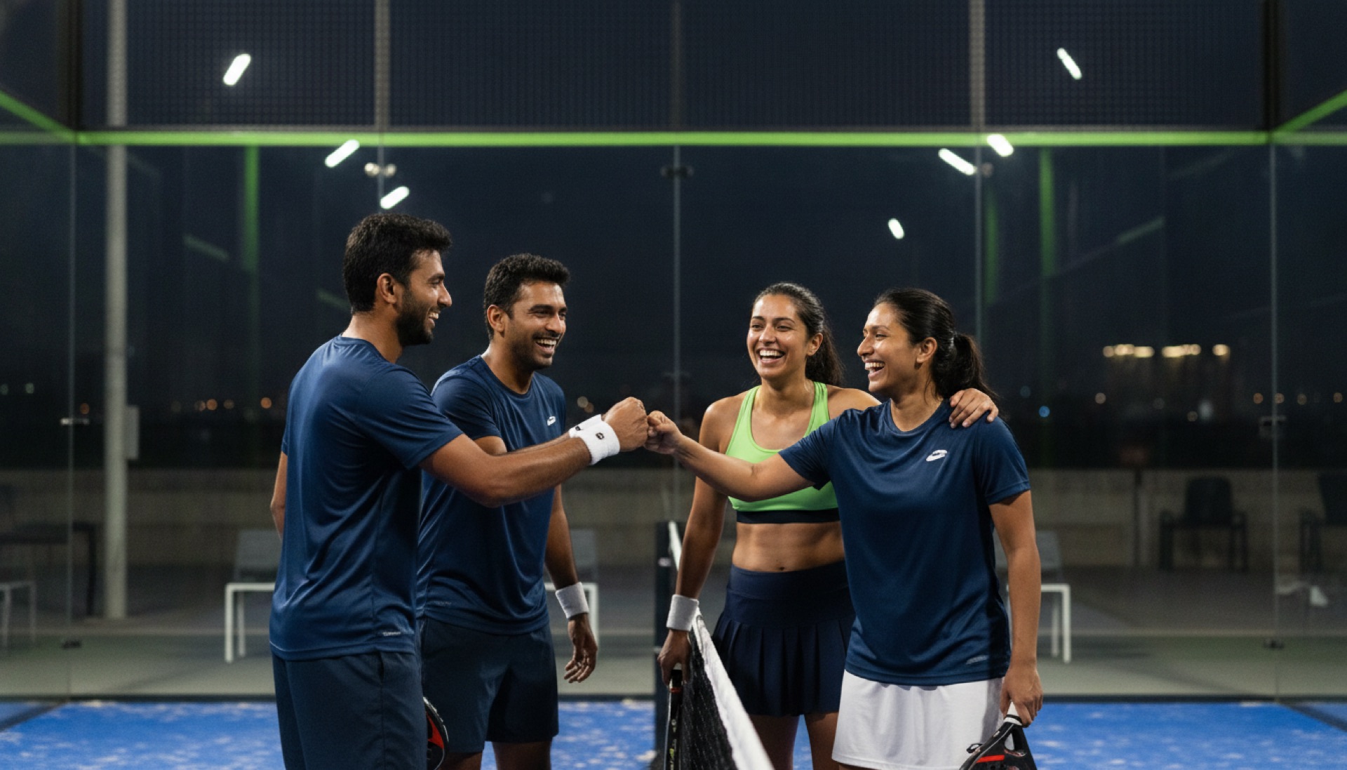 Four Indian padel players celebrating at the net after a match